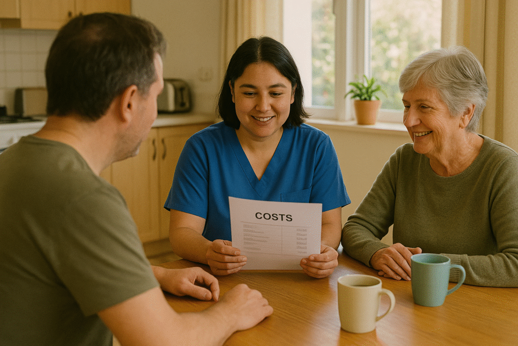 Adult child and older parent sitting at a kitchen table with a carer, calmly reviewing a printed costs sheet – respite care in Christchurch and Tauranga