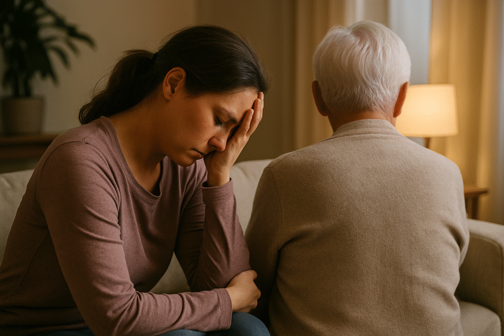 Tired family caregiver resting beside an elderly parent – respite care in Christchurch and Tauranga