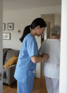 Carer gently assisting an older person with walking inside a cosy home – respite care in Christchurch and Tauranga