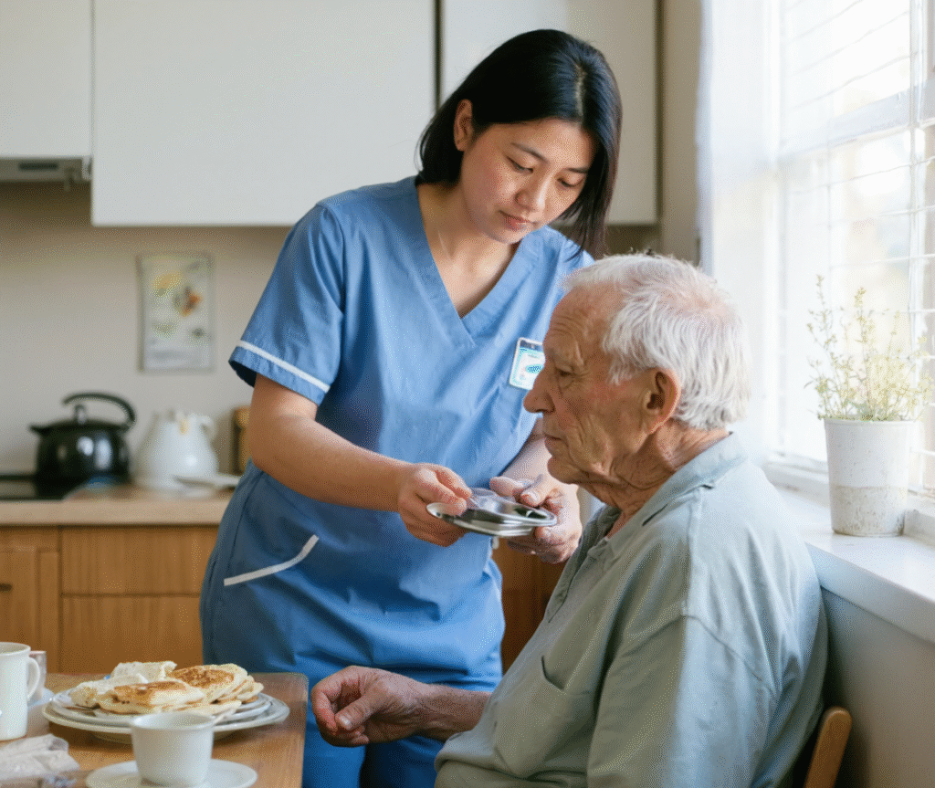 Carer in plain blue uniform supporting an older person at a kitchen table during a daily care routine – respite care in Christchurch and Tauranga