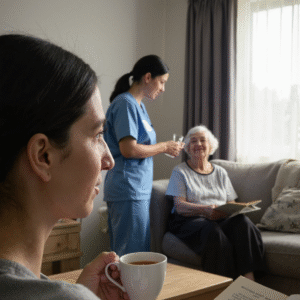 Adult child enjoying a quiet break with tea or book in the foreground, while Mum chats warmly with her carer in the background – respite care in Christchurch and Tauranga