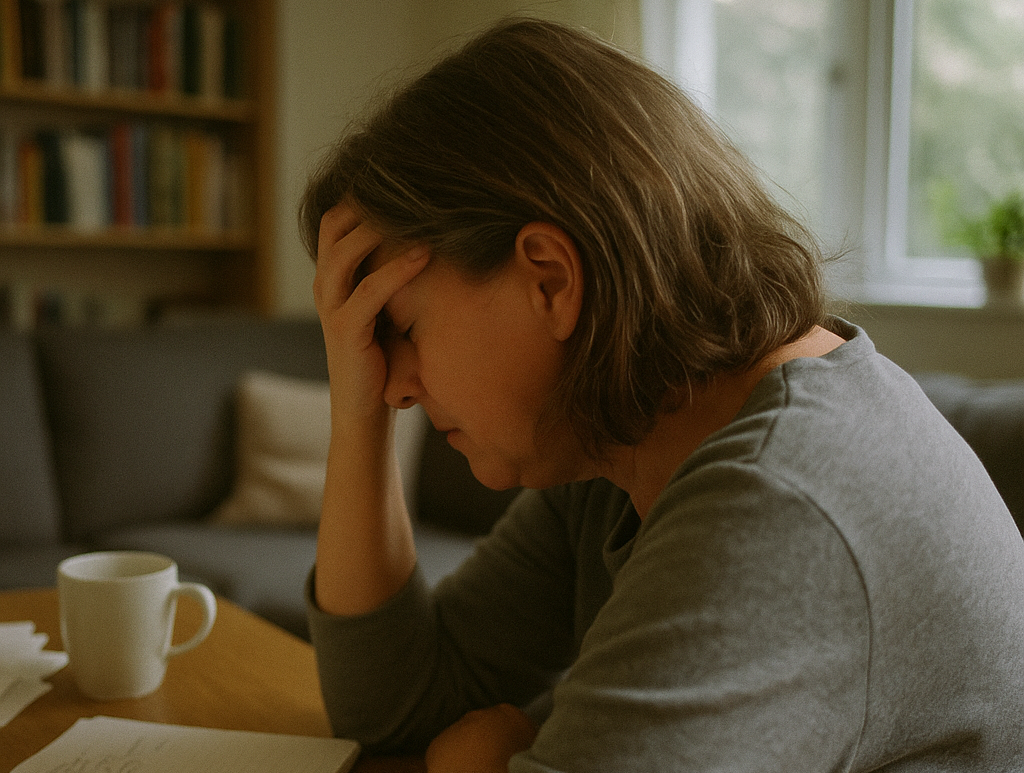 Middle-aged adult child sitting in a cosy home looking tired and overwhelmed – respite care in Christchurch and Tauranga
