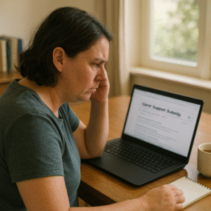 Adult child sitting at a wooden table with an open laptop, looking confused while searching online about Carer Support Subsidy – respite care in Christchurch and Tauranga