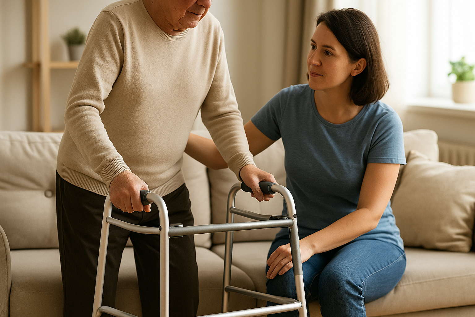 Older person with a walker being supported by a carer at home – respite care in Christchurch and Tauranga