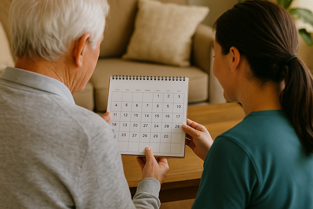 Carer and elderly client reviewing a calendar together – respite care in Christchurch and Tauranga