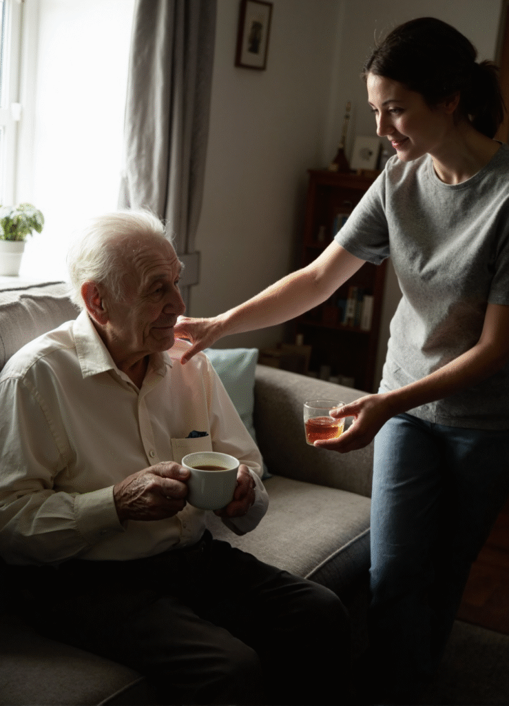 Carer handing tea to an older person at home – respite care in Christchurch and Tauranga