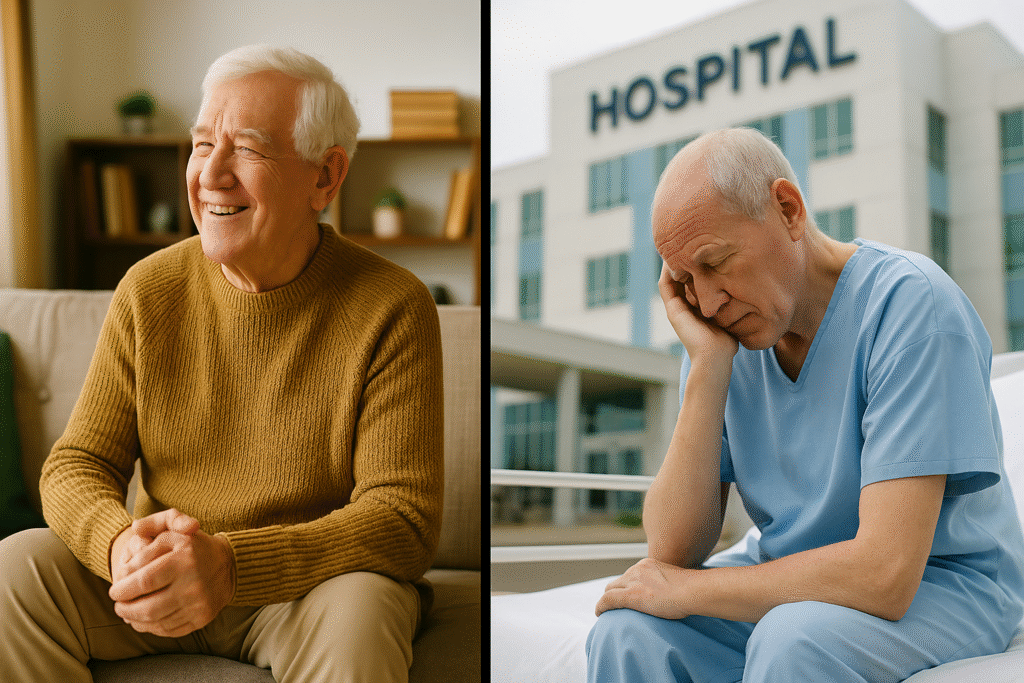 Elderly person happy and comfortable at home compared to looking tired in a care facility with a hospital building – respite care in Christchurch and Tauranga
