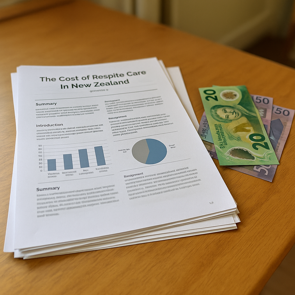 Stack of documents showing research on respite care costs and facility-based care in Christchurch and Tauranga