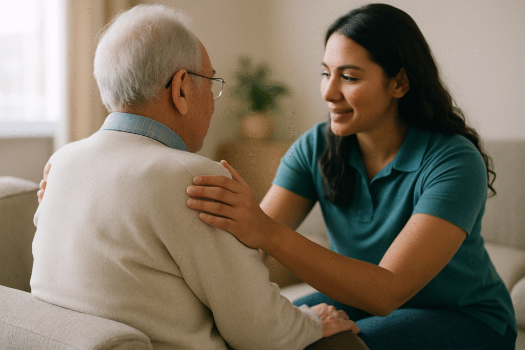 Carer supporting an older person at home with a comforting gesture – respite care in Christchurch and Tauranga