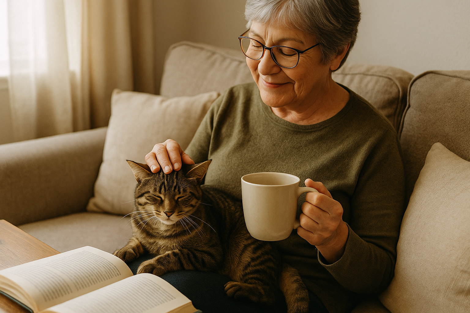 Peaceful moment at home with an older person reading, petting a cat, and smiling with a cup of tea – respite care in Christchurch and Tauranga