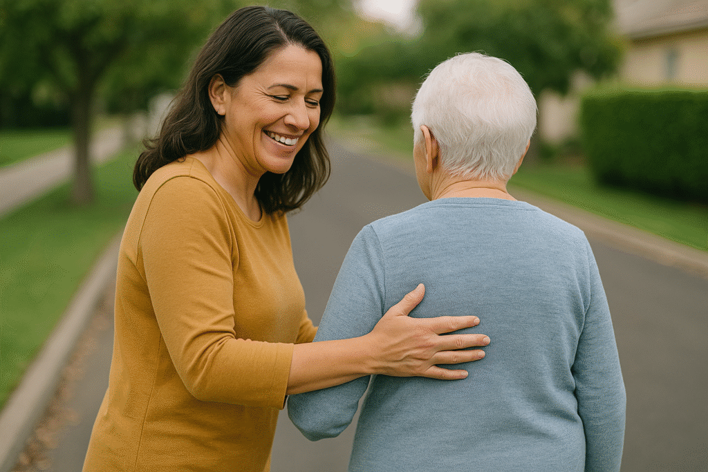 Happy middle-aged daughter walking with her elderly mum at home, showing reassurance and support – respite care in Christchurch and Tauranga