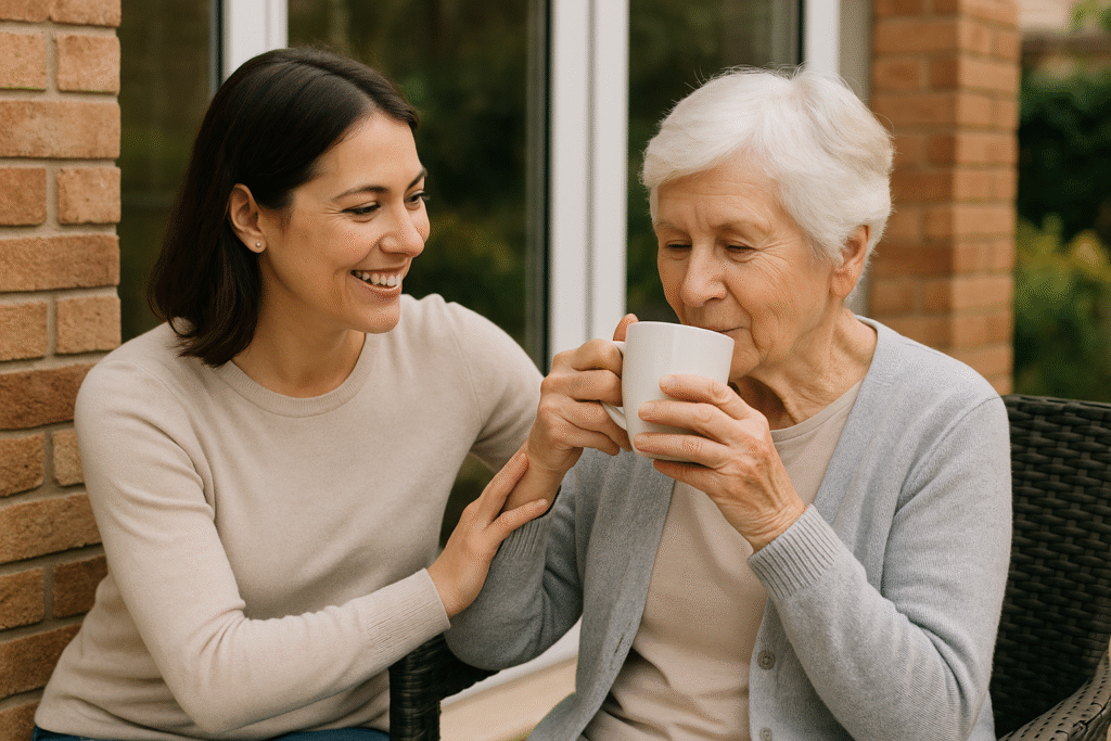 Daughter helping her elderly mother enjoy a warm drink on a patio – respite care in Christchurch and Tauranga