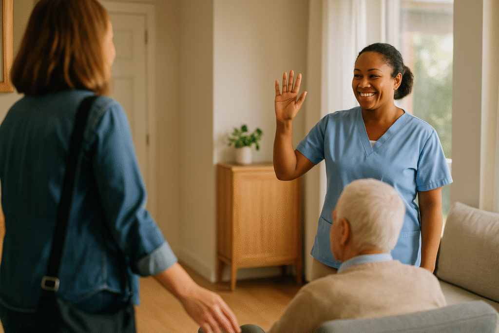Smiling carer waving as a family caregiver leaves for a break – respite care in Christchurch and Tauranga