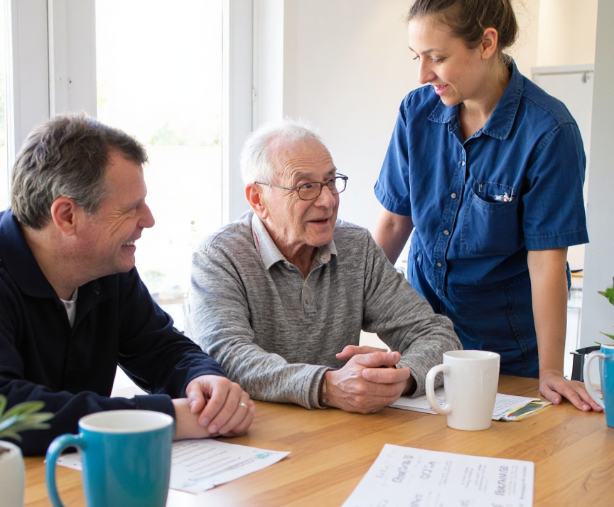 Adult child, older parent, and a younger New Zealander carer discussing home cleaning at a kitchen table – eco-friendly cleaning services for older people in Christchurch and Tauranga