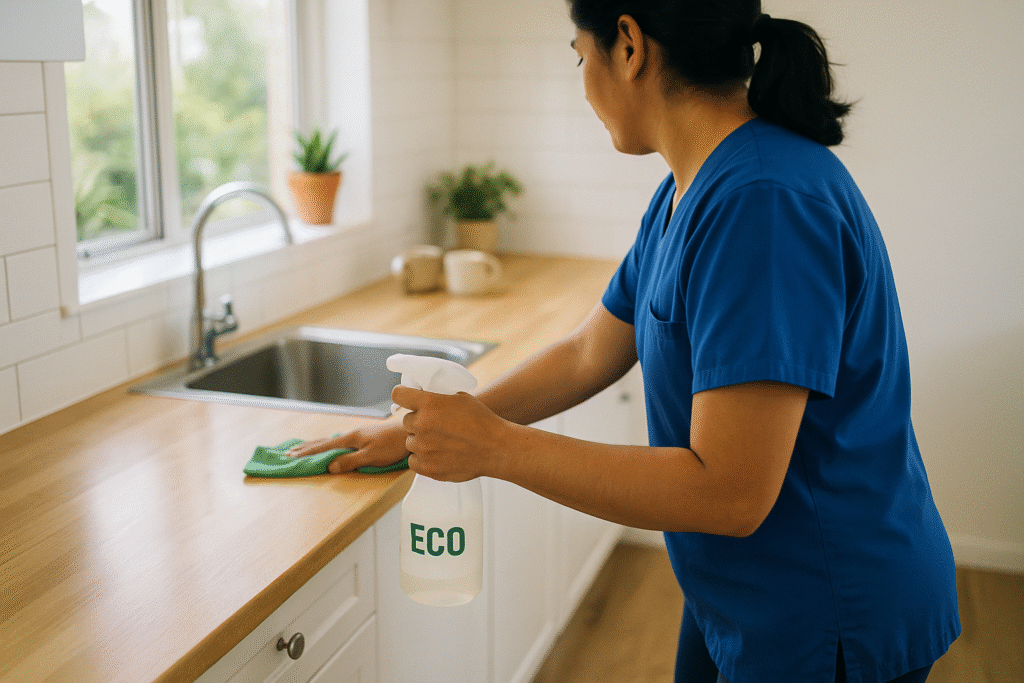 Cleaner wiping down a kitchen counter with natural sprays – eco-friendly cleaning services for older people in Christchurch and Tauranga