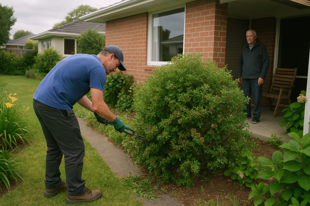 Gardener providing support at an older person’s home in Christchurch – gardening services for older people in Christchurch and Tauranga