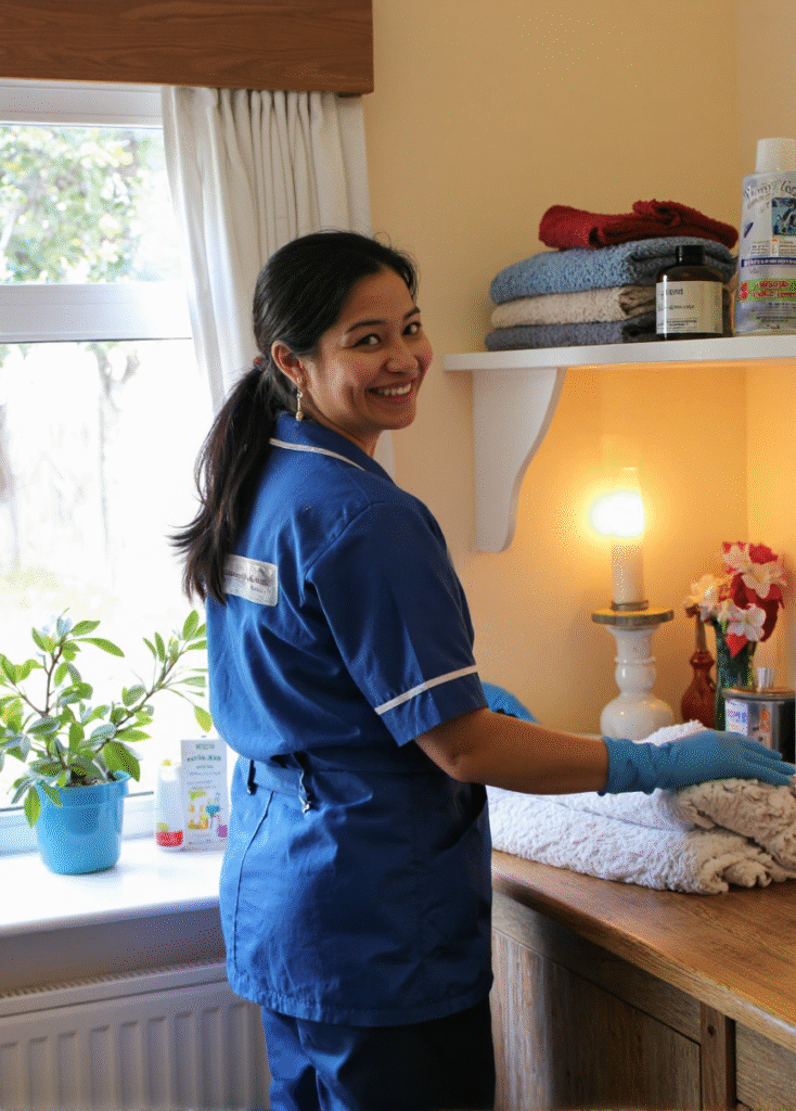 Carer preparing an older person’s home for winter with eco-friendly deep cleaning – wiping surfaces, dusting, and organising sprays and cloths in Christchurch and Tauranga