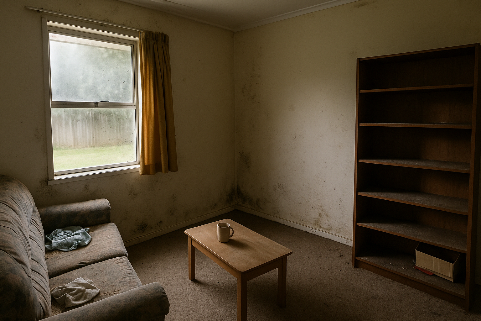 Neglected New Zealand home interior showing poor cleaning and lack of winter preparation – eco-friendly cleaning services for older people in Christchurch and Tauranga