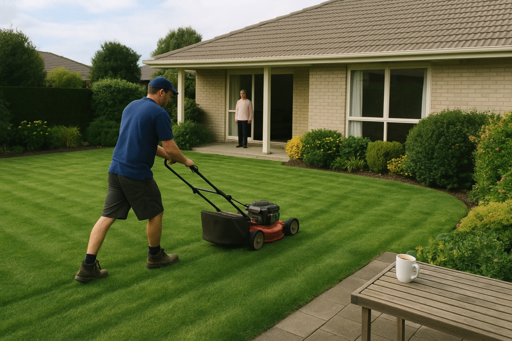 Full lawn services at an older person’s home in New Zealand – gardening services for older people in Christchurch and Tauranga