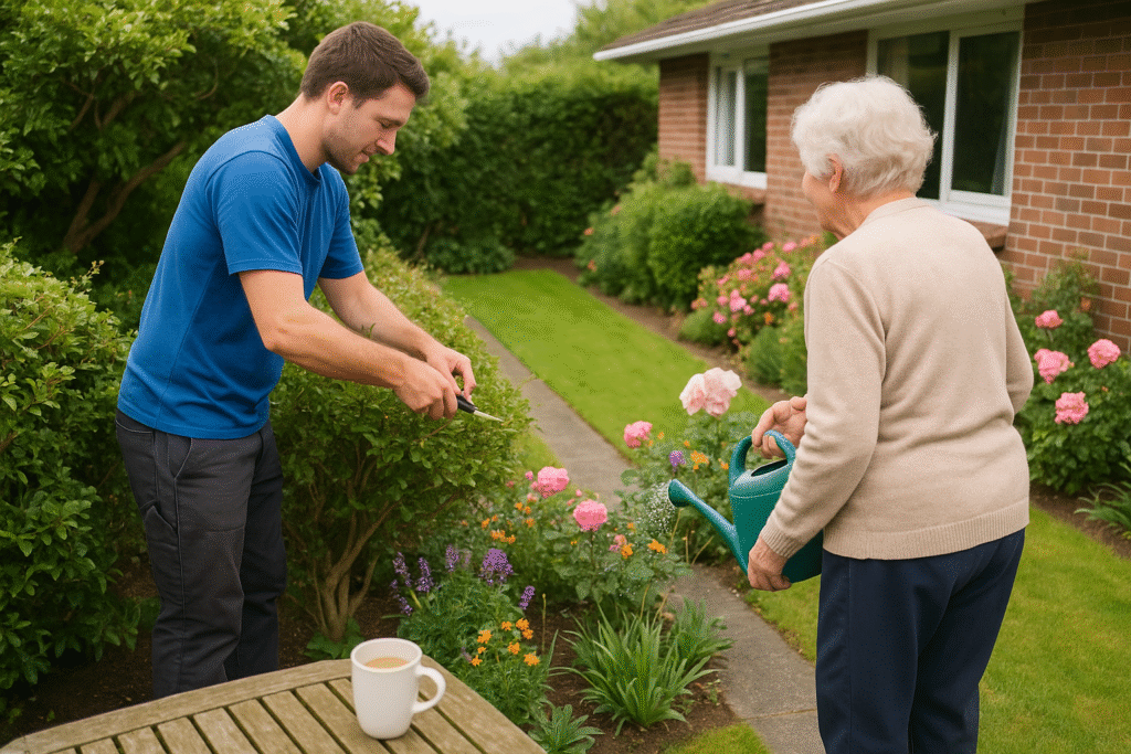 Younger New Zealander gardener in a plain blue shirt gently assisting an older person in the garden – gardening services for older people in Christchurch and Tauranga