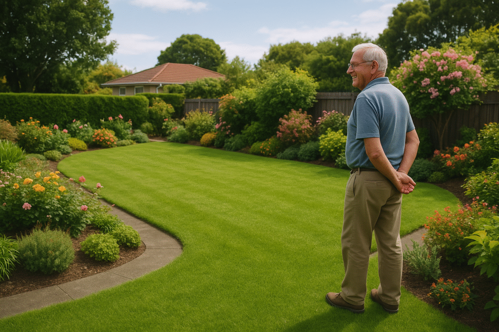 Well-maintained garden at a New Zealand home, showing how gardening services keep outdoor spaces safe for older people in Christchurch and Tauranga