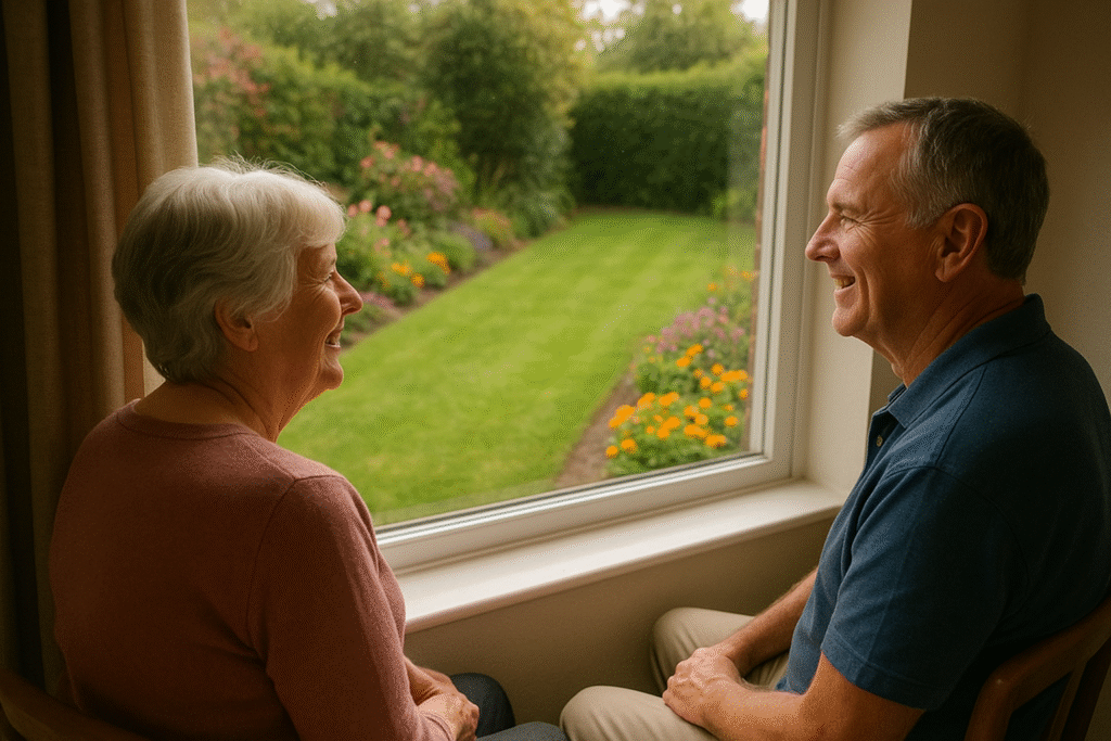 Tidy New Zealand garden with neatly trimmed grass, colourful flowers, and a clean path where two elderly people sit smiling on a bench – gardening services for older people in Christchurch and Tauranga