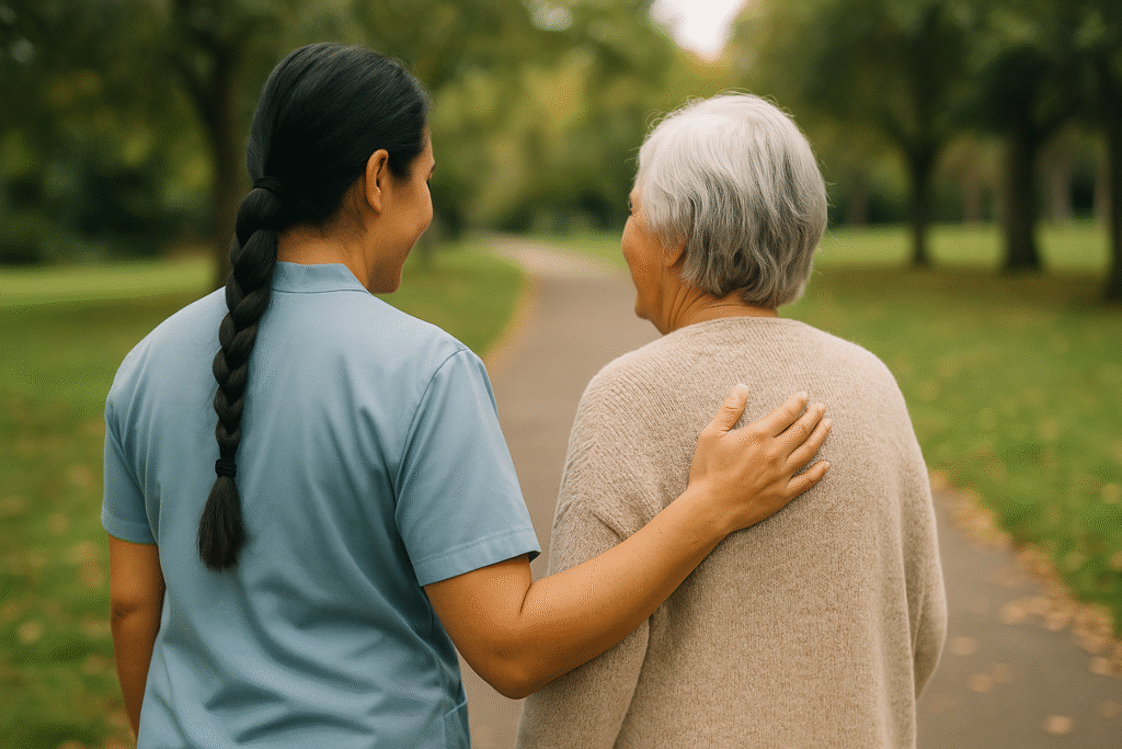 Younger New Zealander carer in plain blue uniform gently supporting an older person walking outdoors – in-home care in Christchurch and Tauranga