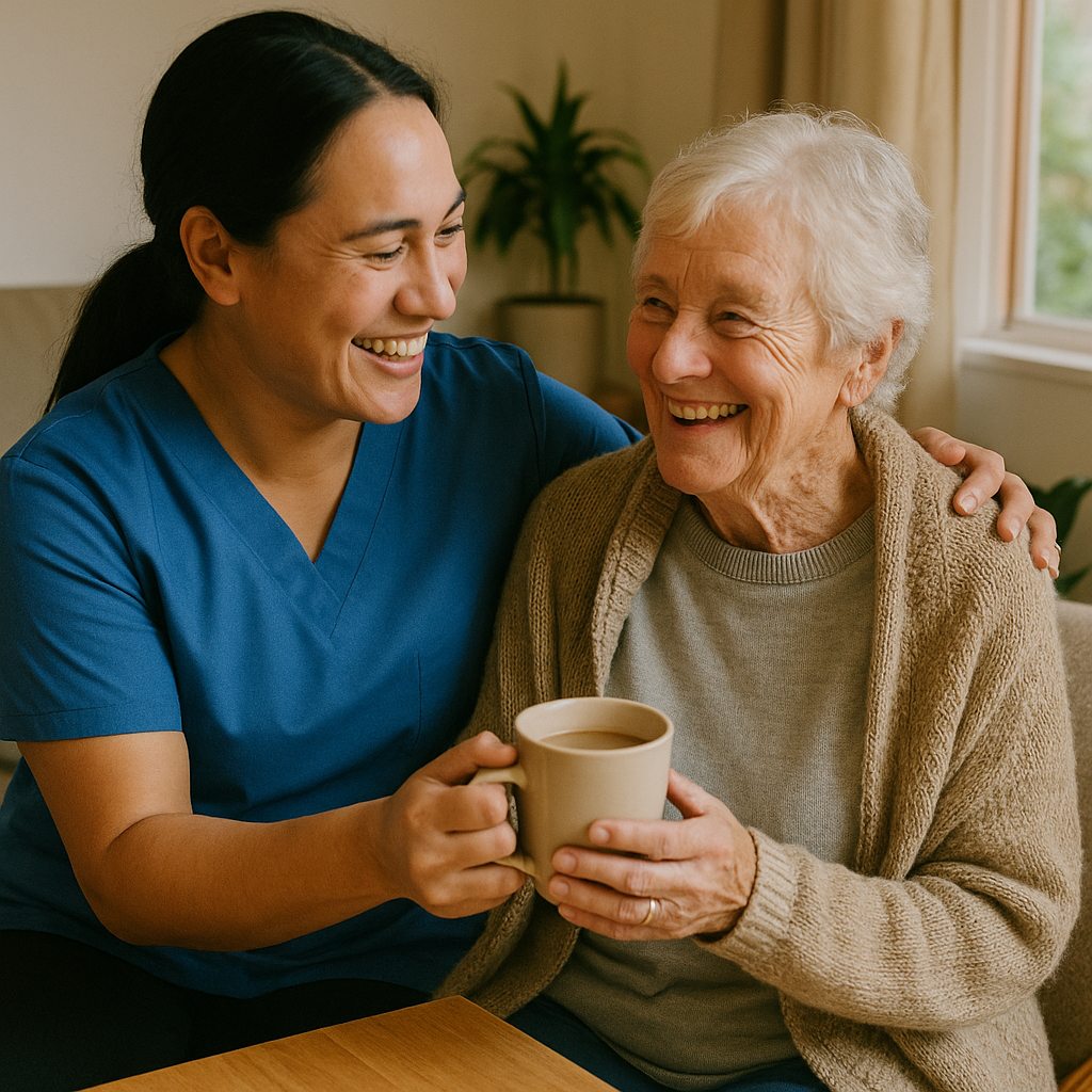 Younger New Zealander carer in plain blue uniform gently supporting an older person with dementia at home – in-home care in Christchurch and Tauranga