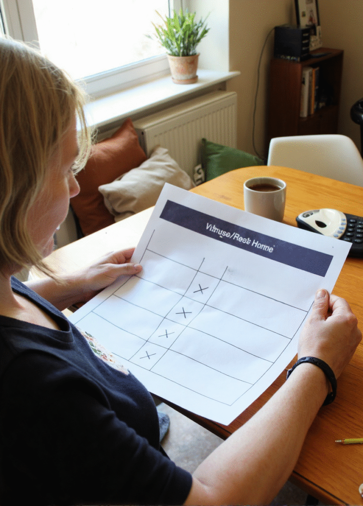 Adult child reviewing a simple cost comparison sheet with two columns, “Village/Rest-Home” vs “Home Care” – in-home care in Christchurch and Tauranga