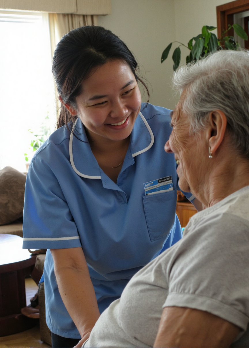 Carer chatting with and gently supporting an older person inside a cosy New Zealand home – in-home care in Christchurch and Tauranga