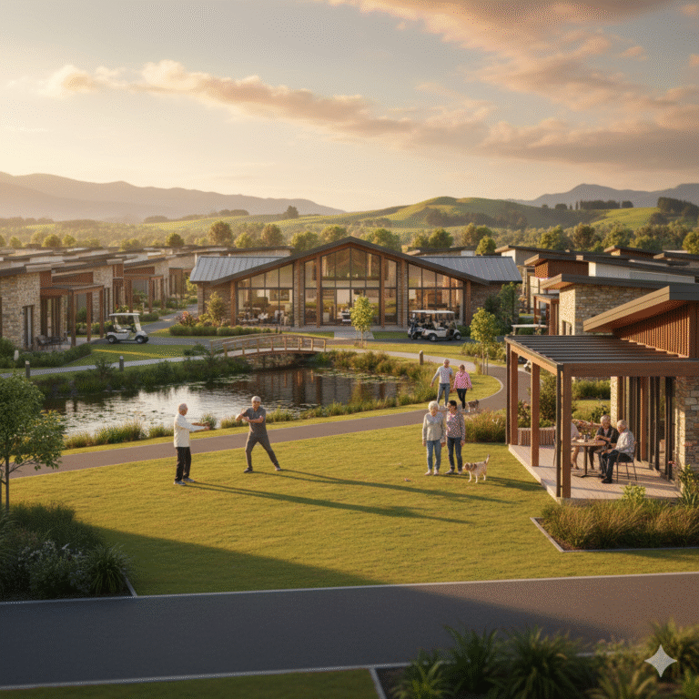 Modern retirement village in New Zealand with landscaped gardens and community facilities