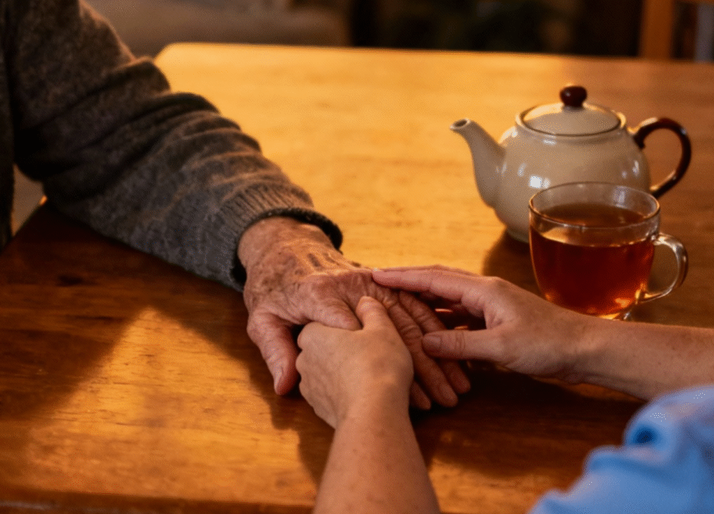 A cup of tea on a side table beside an older person’s chair, warm lamplight in background.
