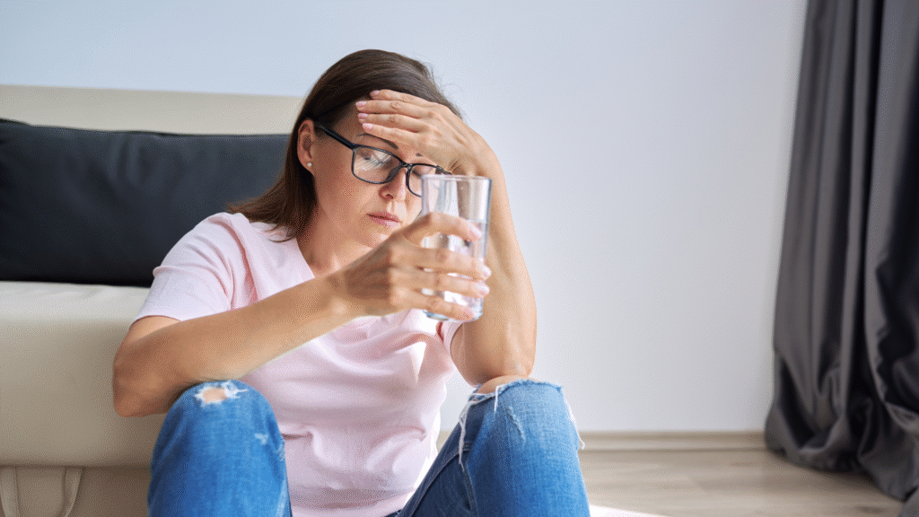 Tired caregiver holding a glass of water and touching her forehead, showing signs of burnout – dementia care for older people in Christchurch and Tauranga