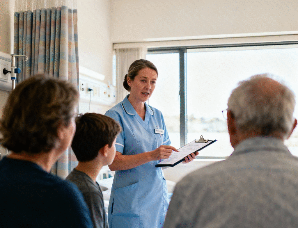 New Zealand hospital nurse explaining a discharge plan to a patient’s family – hospital to home care for older people in Christchurch and Tauranga