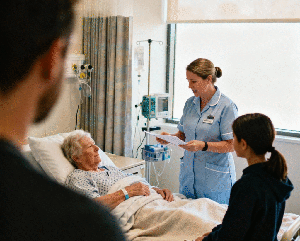 New Zealand hospital nurse explaining post–day-surgery discharge instructions to a support person beside an older patient’s bed in Christchurch or Tauranga
