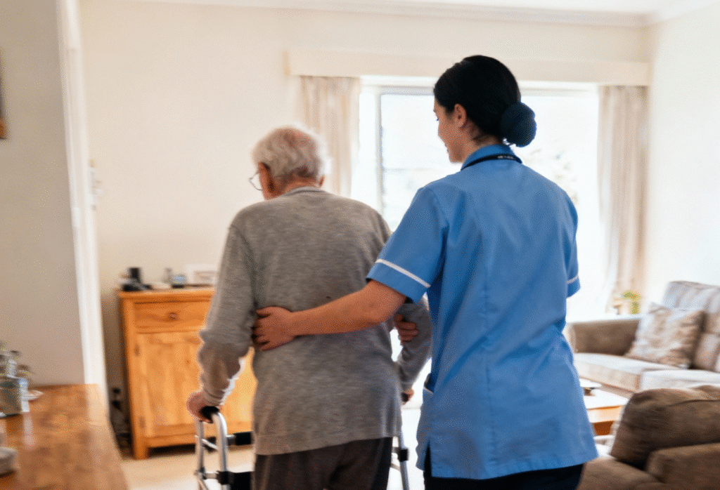 New Zealand caregiver helping an older person walk safely at home after hospital discharge – hospital to home care in Christchurch and Tauranga