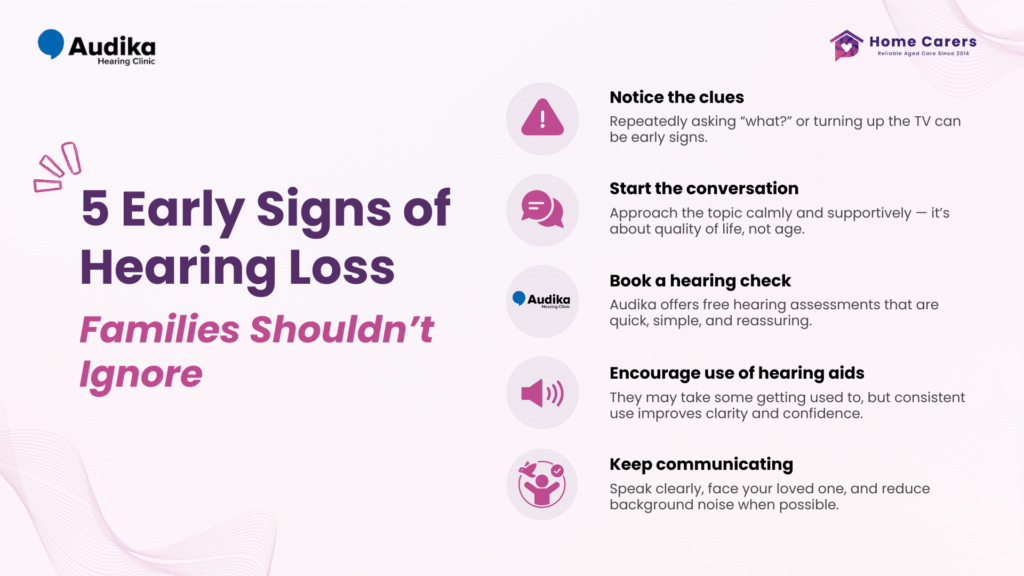Infographic showing five early signs of hearing loss older adults and families should not ignore, by Audika Hearing Clinic Christchurch and Tauranga
