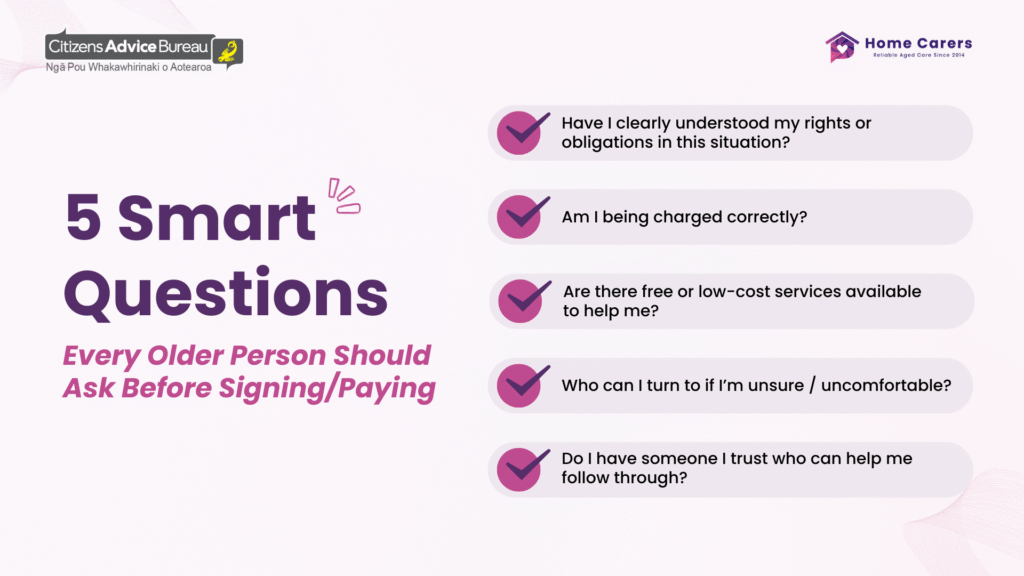 Infographic showing five smart questions every older person should ask before signing or paying for services in Christchurch and Tauranga