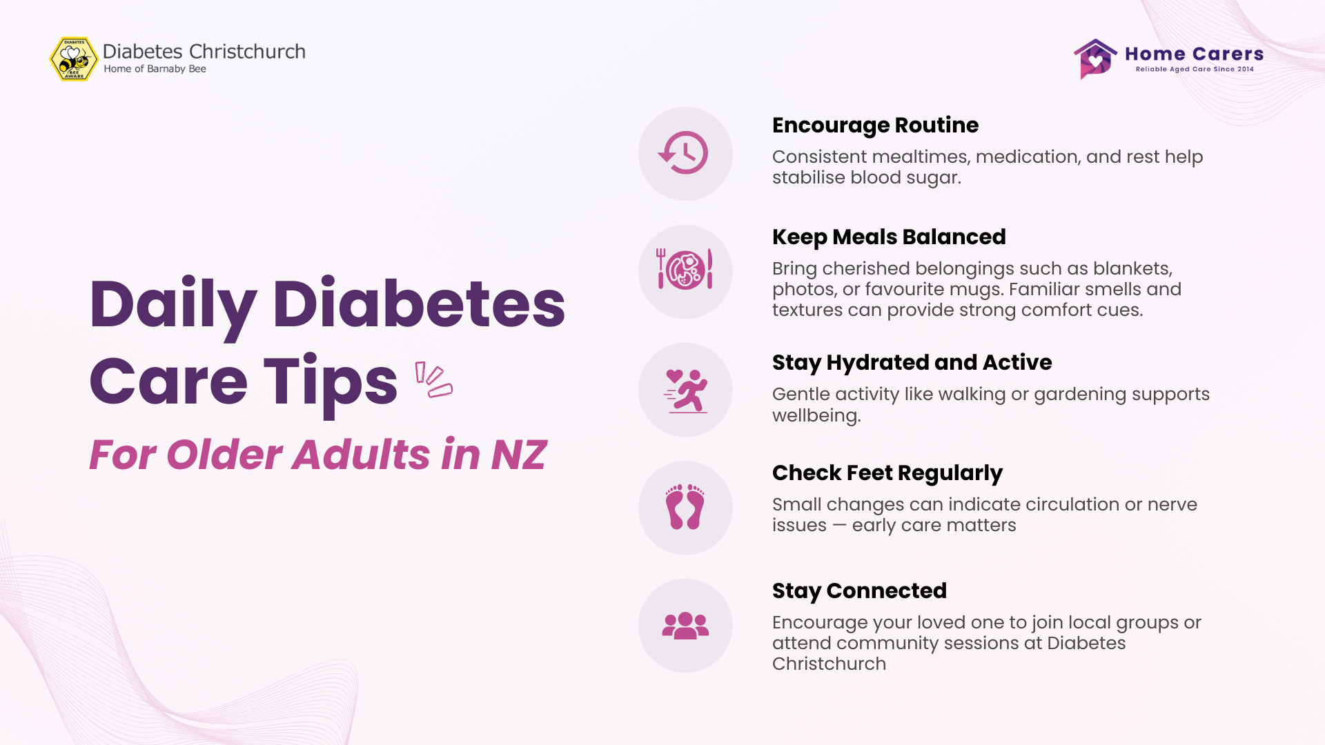 Infographic showing daily diabetes care tips for older adults in New Zealand – Diabetes Christchurch and Home Carers partnership