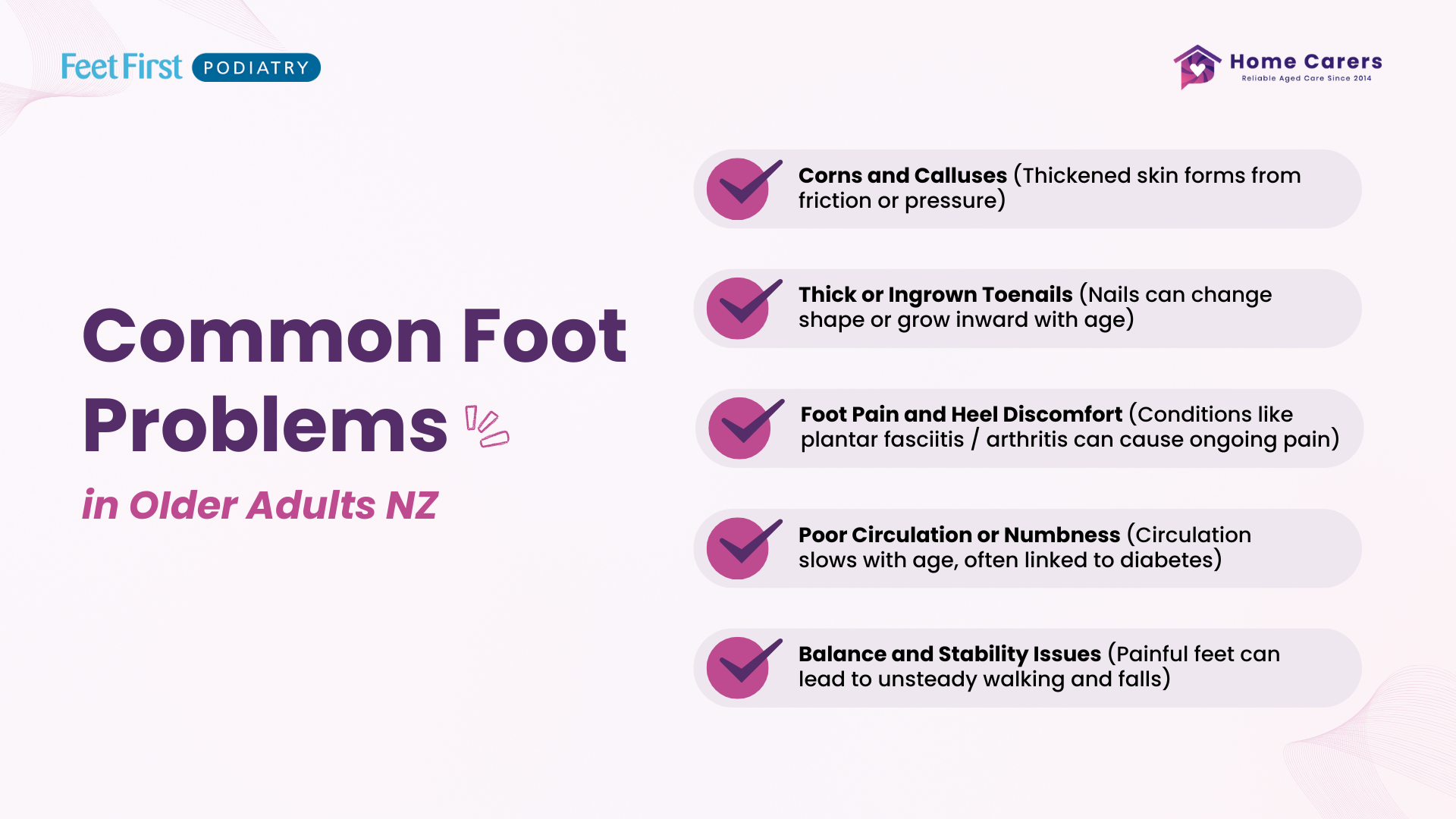 Infographic showing common foot problems in older adults from Feet First Podiatry and Home Carers in Christchurch and Tauranga