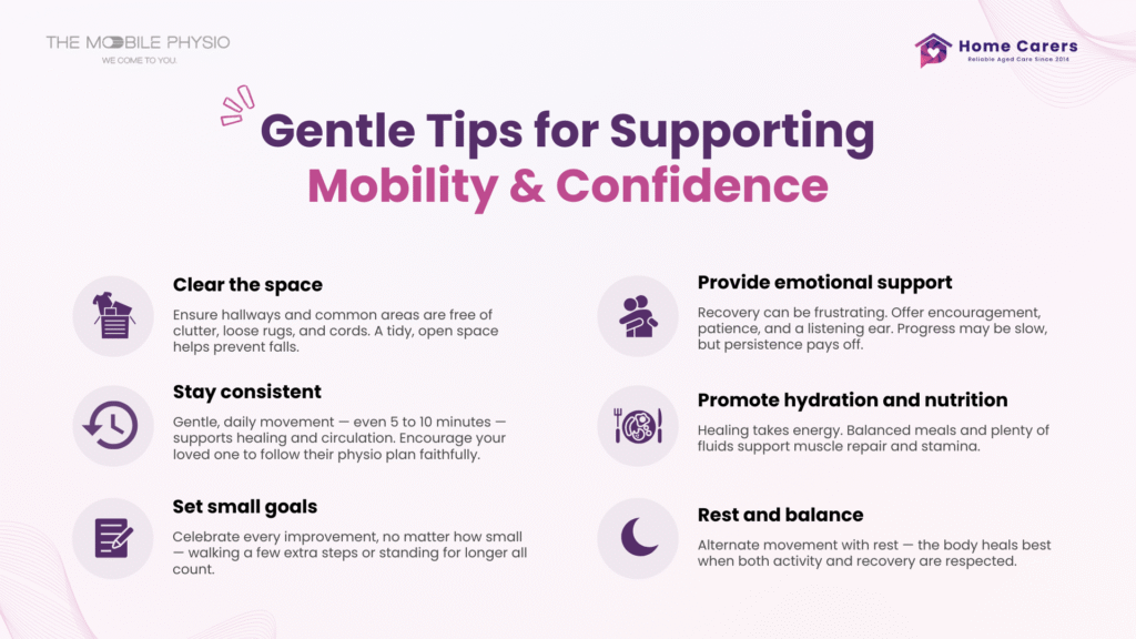 Infographic showing gentle tips for supporting mobility and confidence for older people in Christchurch and Tauranga