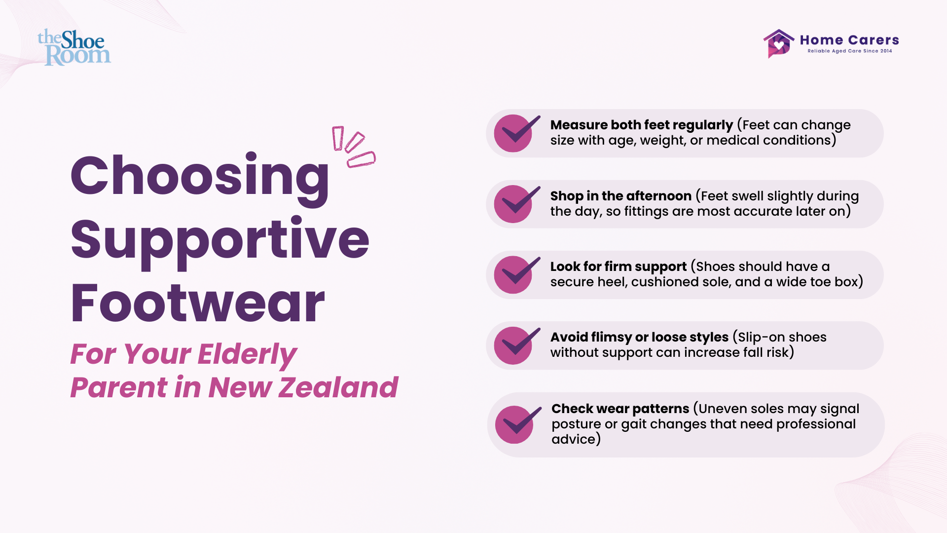 Infographic showing how to choose supportive footwear for older adults, including features that improve balance, comfort, and safety — by The Shoe Room Christchurch and Tauranga