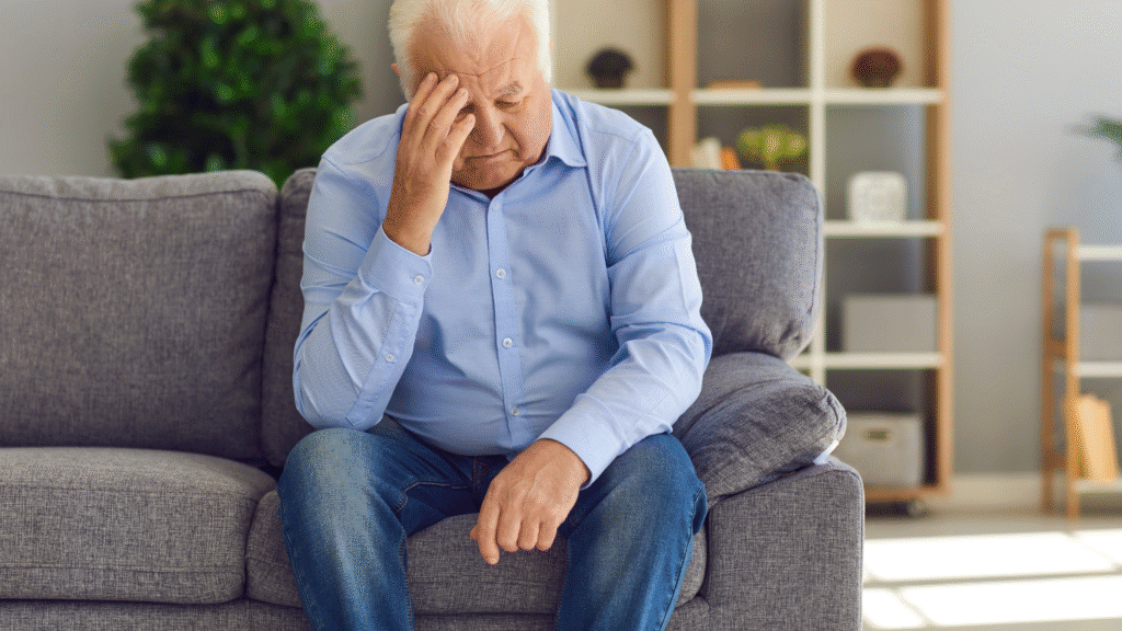 An older New Zealand man sitting on a sofa at home, looking tired and holding his head — an early sign he may need a wellness check in Christchurch or Tauranga