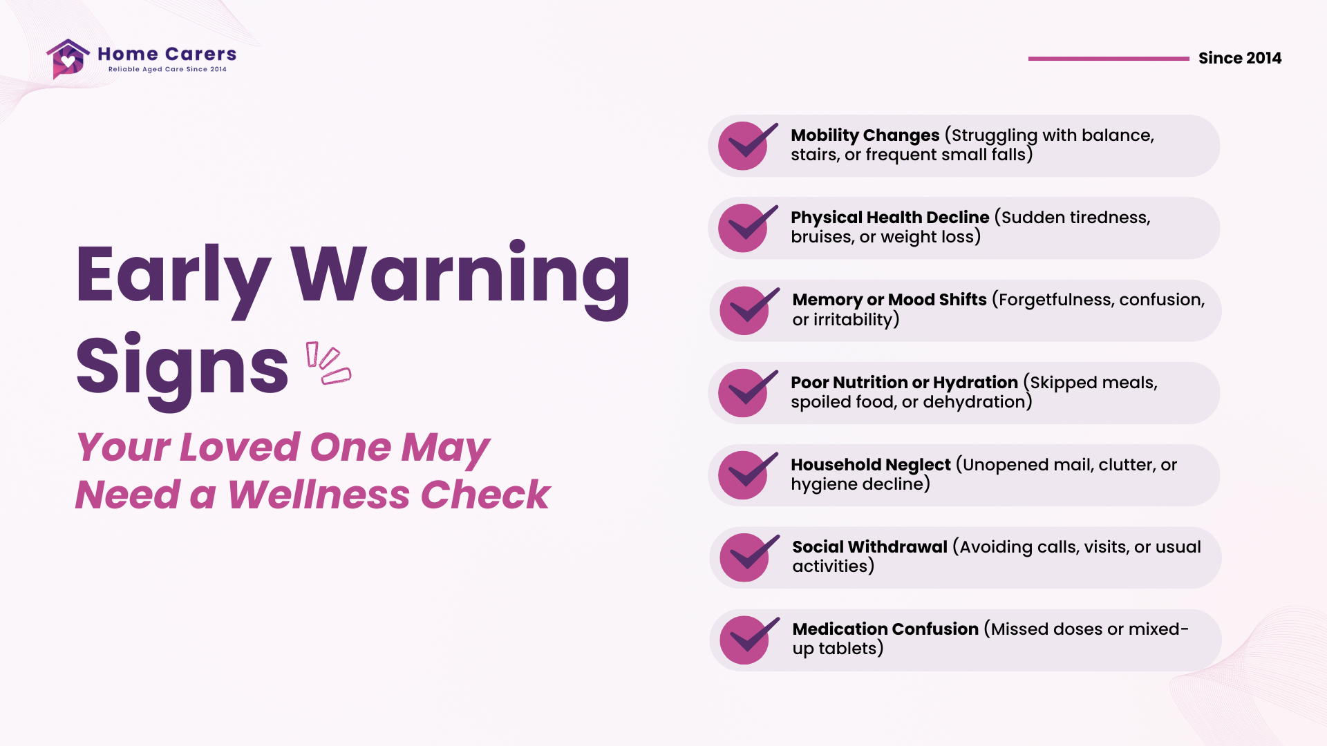Infographic showing early warning signs that an older person may need a wellness check in Christchurch and Tauranga