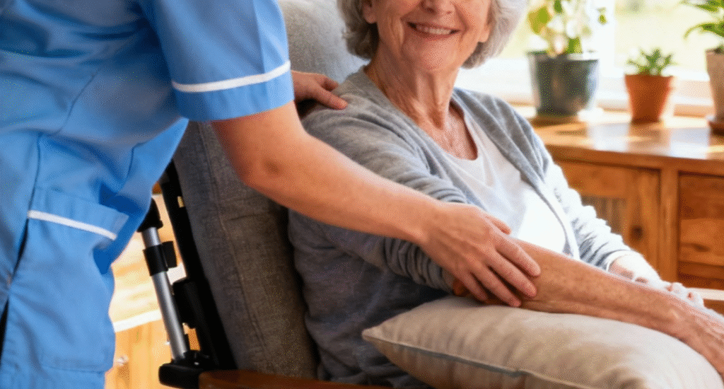 A New Zealand carer in a plain blue uniform helping an older woman sit comfortably at home during a wellness check in Christchurch and Tauranga