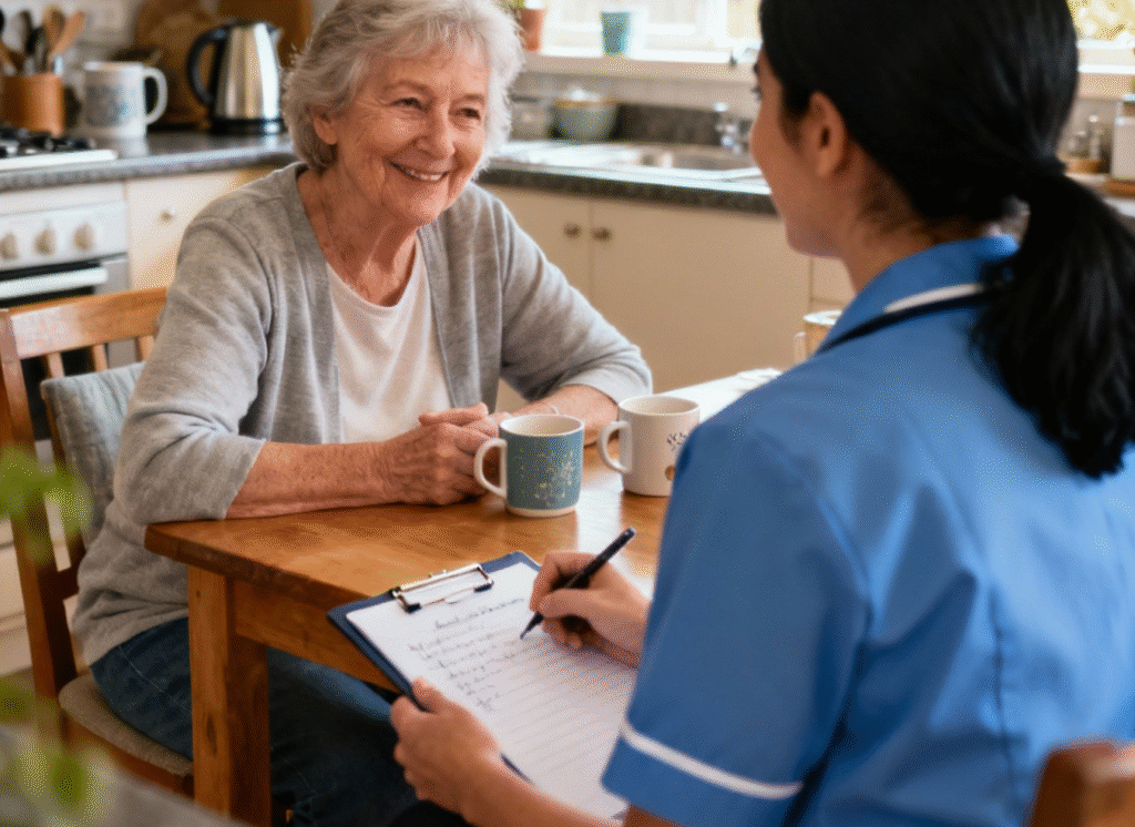 A carer recording wellness notes beside an older woman in her kitchen during a home wellness check in Christchurch and Tauranga