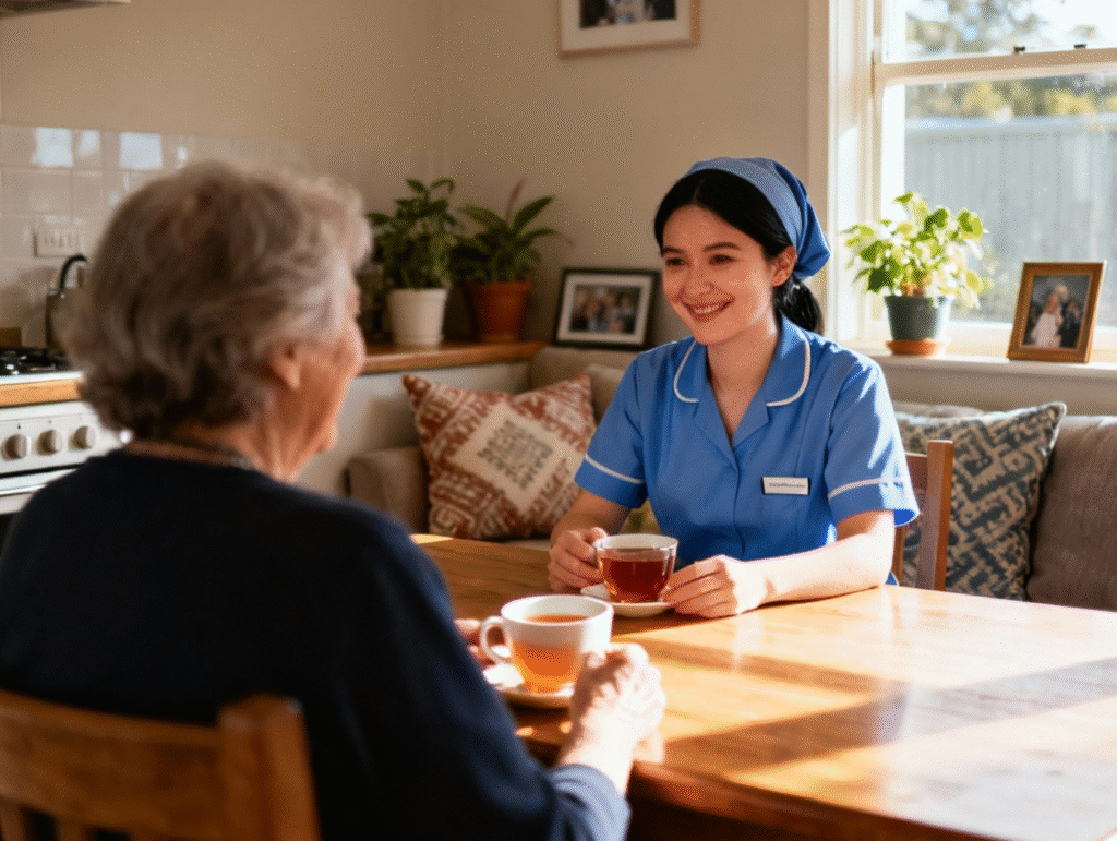 A New Zealand carer in a plain blue uniform chatting with an older woman over cups of tea during a wellness check at home in Christchurch and Tauranga