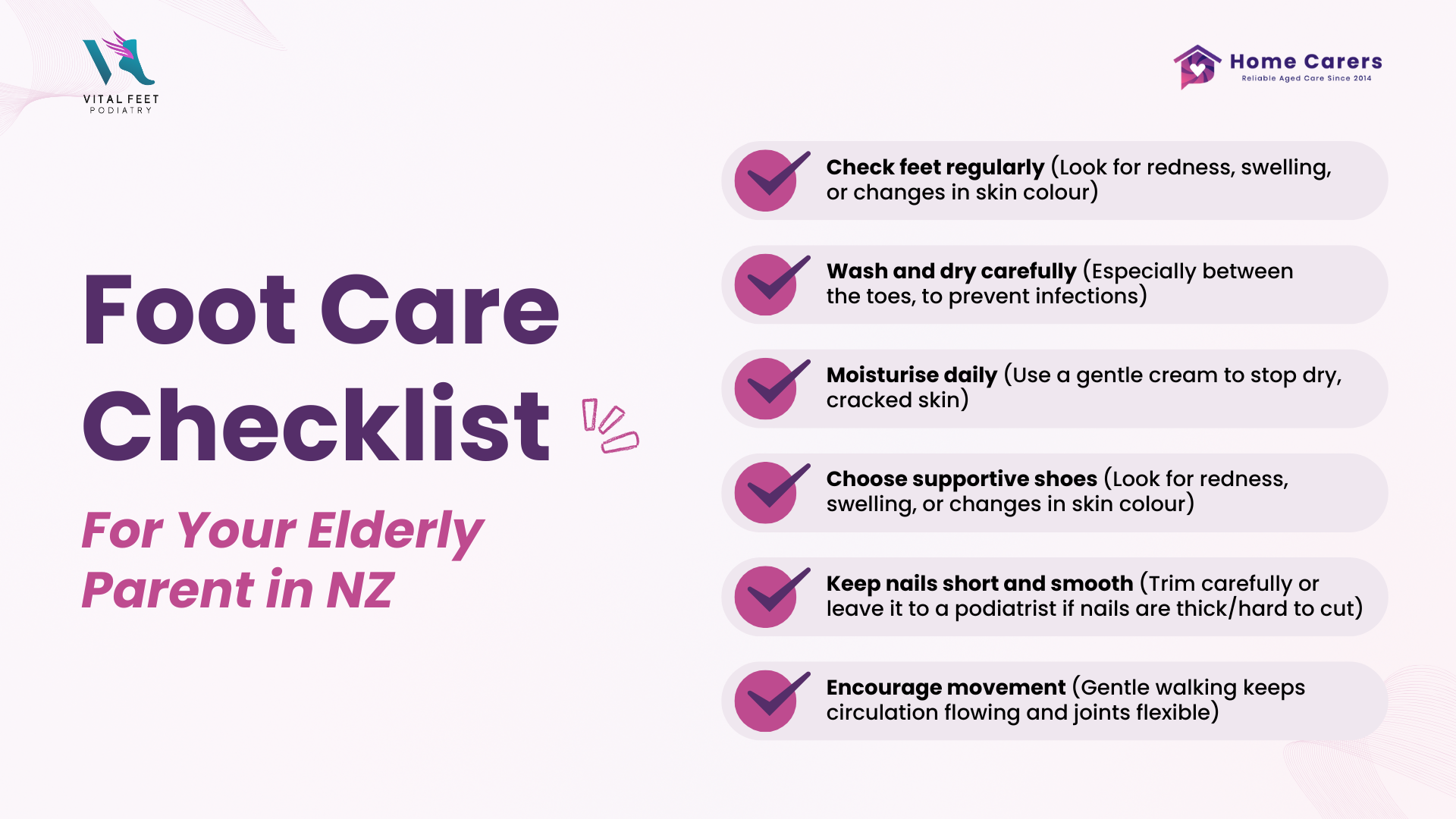 Foot care checklist infographic for older adults by Vital Feet Podiatry Tauranga