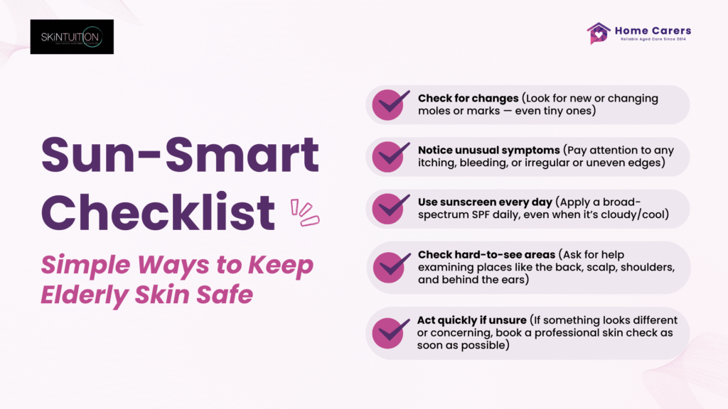 Sun-smart checklist infographic for keeping elderly skin safe by SKiNTUITION Christchurch