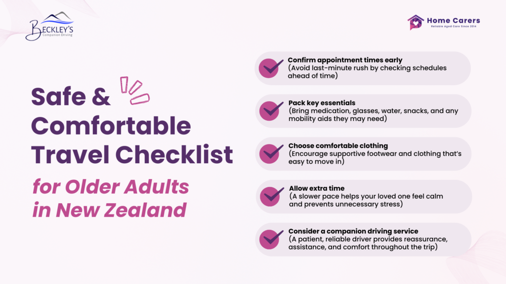 Safe and comfortable travel checklist infographic for older adults by Beckley Coachlines New Zealand